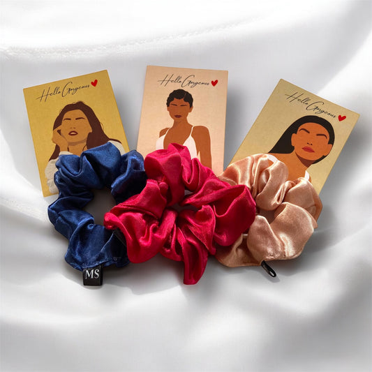 PURE Mulberry Silk Scrunchies for Hair- Set of 3 in Multi Shades